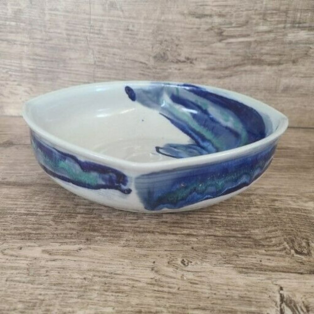 Studio Hand Made Artisan Signed Pottery Rounded Square Bowl Blue Butterfly Glaze - Picture 4 of 12